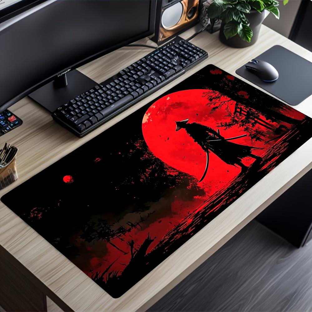 Desk Setup Red - Samurai Red Moon Crows Mouse Pad